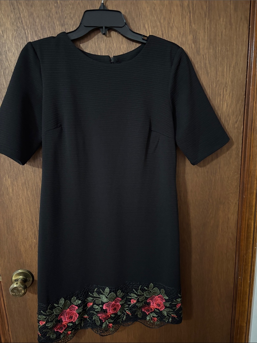madison leigh Black Mini Dress with Red Rose Embroidery